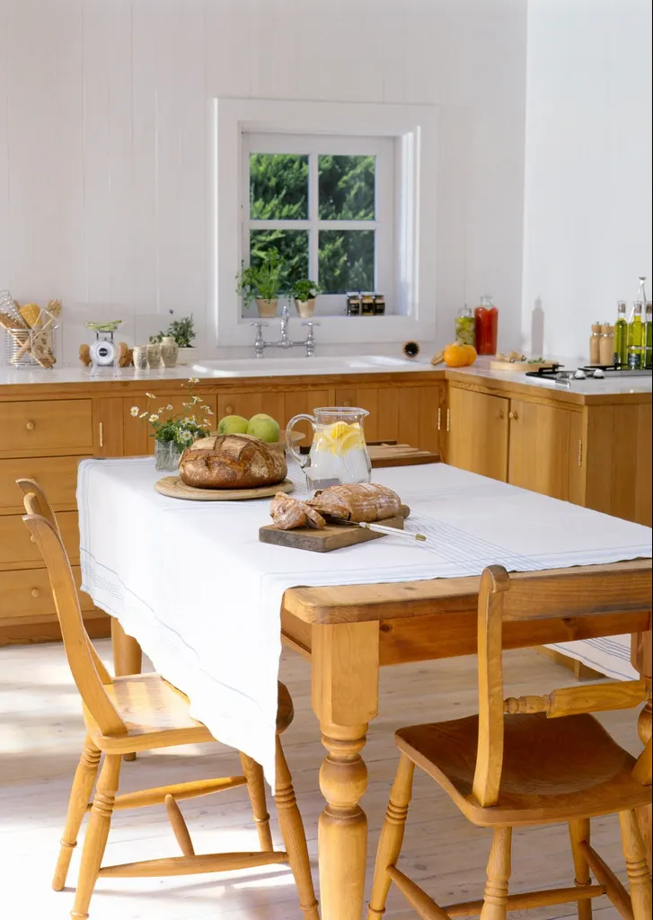 Bread, fruit and a jug of water laid on a wooden table by a window