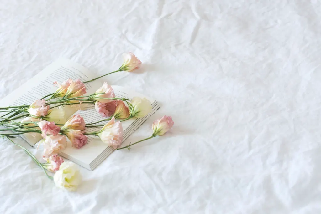 An open book and a few pink carnations on white linen